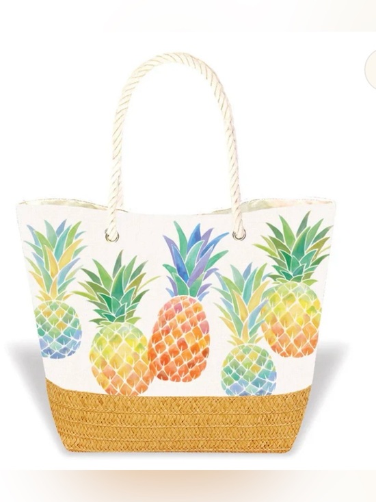 Island Plantations Handbags - Island Hawaii Tropical Straw & Canvas Pineapple Print Tote Bag with Rope Handle